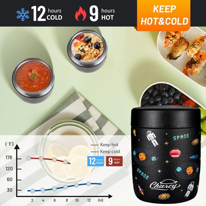 Charcy 9oz Stainless Steel Vacuum Insulated Kids Food Jar - Soup Thermo for Hot & Cold Food - Gray Astronaut - Image 4
